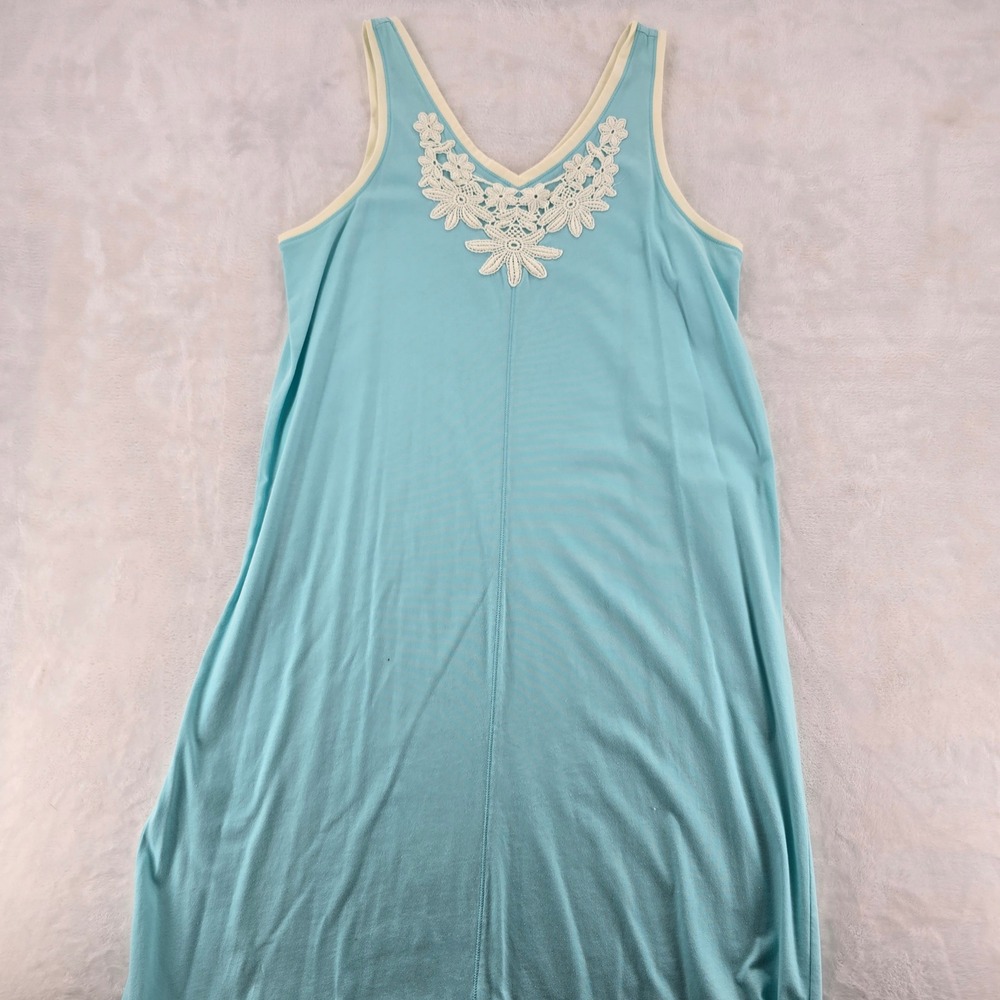 Coral Bay Nightgown Womens Large Sleeveless Lace V-Neck Aqua Blue Cotton Blend